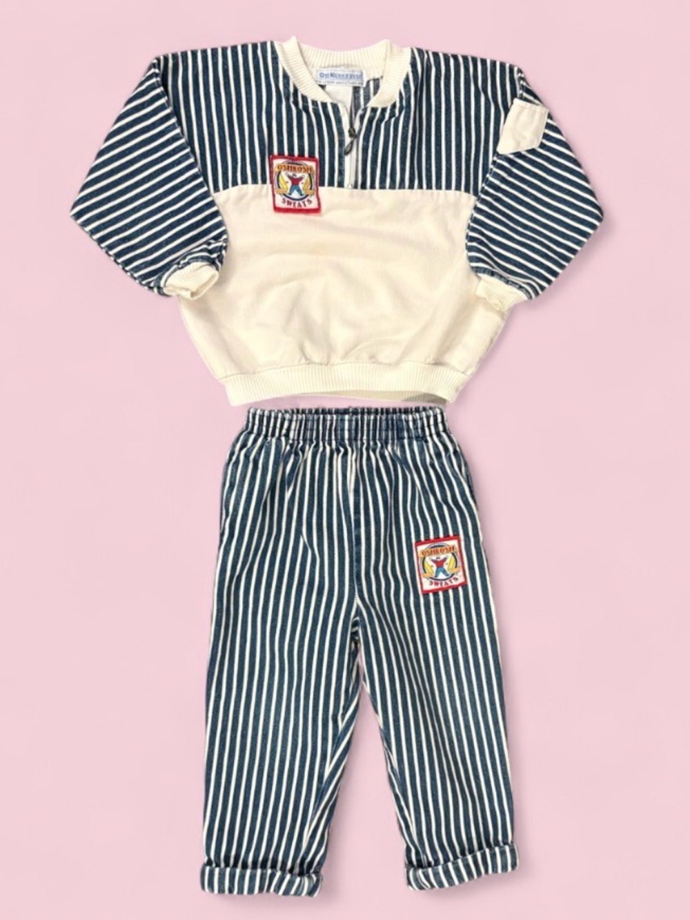 Vintage 80s OshKosh Sweats Navy & Blue White Striped Jogger Outfit 2pc Set 24M